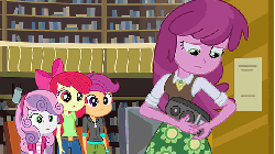 Size: 576x324 | Tagged: safe, screencap, apple bloom, cheerilee, scootaloo, sweetie belle, equestria girls, g4, my little pony equestria girls, animated, apple bloom's bow, bow, cheerilee is not amused, computer, cutie mark crusaders, female, gif, hair bow, library, monitor, speaker