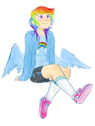 Size: 1133x1502 | Tagged: safe, artist:prodigymysoul, rainbow dash, human, g4, female, humanized, sitting, solo, winged humanization, wings