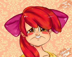 Size: 1413x1115 | Tagged: safe, artist:frankaraya, artist:prodigymysoul, apple bloom, human, call of the cutie, g4, blushing, bucktooth, female, frown, humanized, lip bite, looking at you, puppy dog eyes, sad, scene interpretation, solo