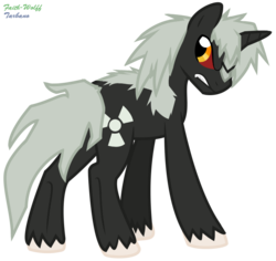 Size: 779x735 | Tagged: safe, artist:faith-wolff, kaiju pony, pony, unicorn, fanfic:the bridge, colored sclera, crooked horn, godzilla, godzilla (series), godzilla junior, horn, looking over shoulder, male, ponified, red sclera, simple background, solo, stallion, transparent background