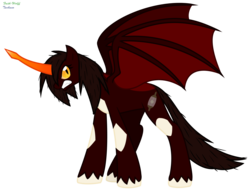 Size: 1596x1212 | Tagged: safe, artist:faith-wolff, alicorn, bat pony, kaiju pony, pony, fanfic:the bridge, colored horn, destoroyah, glare, glowing horn, godzilla (series), gritted teeth, horn, messy mane, ponified, simple background, solo, spread wings, transparent background, unshorn fetlocks, vector