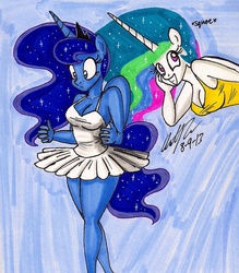 Size: 1120x1276 | Tagged: safe, artist:newyorkx3, princess celestia, princess luna, alicorn, anthro, g4, cleavage, clothes, dress, duo, female, signature, smiling, tank top, traditional art, tutu