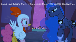 Size: 1063x592 | Tagged: safe, edit, edited screencap, screencap, pinkie pie, princess luna, g4, luna eclipsed, animal costume, chicken pie, chicken suit, clothes, costume, glorious grilled cheese, grilled cheese, insane pony thread, nightmare night, nightmare night costume, tumblr