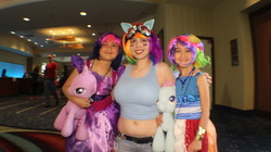 Size: 1280x719 | Tagged: safe, artist:geekeryandsuch, rainbow dash, twilight sparkle, human, g4, belly button, convention, cosplay, eqla, equestria la, irl, irl human, midriff, photo, target demographic