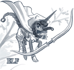 Size: 453x430 | Tagged: safe, artist:johnjoseco, princess luna, alicorn, elf, pony, g4, braid, braided tail, cosplay, dragon's crown, female, grayscale, mare, monochrome, simple background, solo, white background