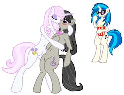 Size: 522x400 | Tagged: safe, artist:wryte, dj pon-3, fleur-de-lis, octavia melody, vinyl scratch, earth pony, pony, unicorn, semi-anthro, g4, bipedal, blushing, female, kiss on the lips, kissing, lesbian, mare, popcorn, simple background, white background