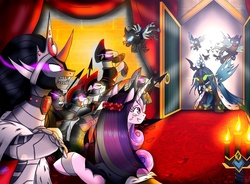 Size: 2759x2026 | Tagged: safe, artist:yula568, king sombra, princess cadance, queen chrysalis, alicorn, changeling, pony, unicorn, g4, alternate universe, antagonist, candle, door, female, fight, guards, lesbian, ship:cadalis, shipping, wedding