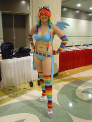 Size: 2448x3264 | Tagged: safe, artist:salaciouseos, rainbow dash, human, g4, belly button, bikini, clothes, convention, cosplay, high heels, irl, irl human, megacon, photo, sexy, solo, suspenders, swimsuit