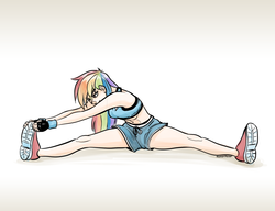 Size: 980x753 | Tagged: safe, artist:romanrazor, rainbow dash, human, g4, belly button, clothes, exercise, female, fingerless gloves, gloves, humanized, midriff, shoes, shorts, sitting, smiling, sneakers, solo, splits, sports bra, stretching, tank top, wristband, yoga