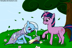 Size: 900x600 | Tagged: safe, artist:tlatophat, trixie, twilight sparkle, g4, book, female, lesbian, ship:twixie, shipping