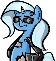 Size: 536x586 | Tagged: artist needed, safe, trixie, cyborg, pony, unicorn, g4, amputee, deus ex, female, i never asked for this, mare, parody, solo, sunglasses