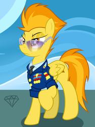 Size: 1944x2592 | Tagged: safe, artist:taharon, spitfire, pegasus, pony, g4, clothes, female, glasses, mare, medal, necktie, raised hoof, sky, solo, spitfire's tie, uniform, wonderbolts dress uniform