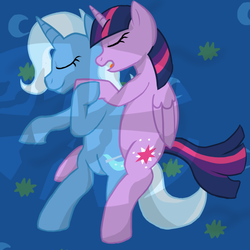 Size: 715x715 | Tagged: safe, artist:aaron amethyst, trixie, twilight sparkle, alicorn, pony, unicorn, g4, bed, belly, duo, duo female, female, horn, hug, lesbian, mare, ship:twixie, shipping, sleeping, smiling, twilight sparkle (alicorn)