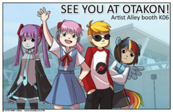 Size: 900x585 | Tagged: safe, artist:cubewatermelon, rainbow dash, human, robot, g4, clothes, convention, cosplay, dave strider, female, hatsune miku, homestuck, kiwi blitz, male, otakon, pants, skirt, souryuu asuka langley, sunglasses, vocaloid, webcomic