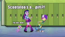 Size: 1920x1080 | Tagged: safe, edit, edited screencap, screencap, scootaloo, spike, twilight sparkle, equestria girls, g4, caption, text