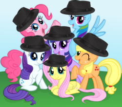 Size: 900x793 | Tagged: safe, edit, applejack, fluttershy, pinkie pie, rainbow dash, rarity, twilight sparkle, g4, fedora shaming, hat, mane six, trilby