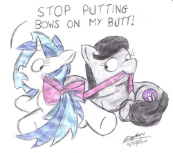 Size: 2474x2193 | Tagged: safe, artist:bobthedalek, dj pon-3, vinyl scratch, oc, oc:mixed melody, oc:octavia's mother, earth pony, pony, unicorn, g4, bow, cute, duo, mothers gonna mother, tail bow