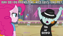 Size: 576x324 | Tagged: safe, pinkie pie, snips, equestria girls, g4, balloon, hat, humanized, image macro, neckbeard, snips shirt, trilby