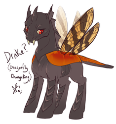 Size: 714x759 | Tagged: safe, artist:clovercoin, oc, oc only, oc:drake, changeling, holeless, male, orange changeling, quadrupedal, red eyes, solo, standing