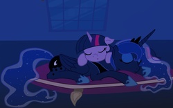 Size: 1152x720 | Tagged: safe, artist:saareframe, princess luna, twilight sparkle, g4, female, lesbian, ship:twiluna, shipping, sleeping