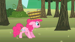 Size: 500x281 | Tagged: safe, screencap, pinkie pie, earth pony, pony, g4, season 2, the super speedy cider squeezy 6000, animated, apple, apple tree, backflip, balance, bucket, female, floppy ears, gif, jumping, mare, solo, sweet apple acres, tree