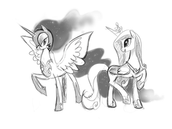 Size: 990x743 | Tagged: safe, artist:incomplete-obsession, nightmare moon, princess cadance, g4, monochrome