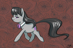 Size: 2000x1320 | Tagged: safe, artist:romaniz, octavia melody, earth pony, pony, g4, bowtie, female, lidded eyes, long tail, looking back, mare, purple eyes, signature, smiling, solo, tail, walking