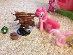 Size: 1600x1200 | Tagged: safe, cheerilee, fluttershy, pinkie pie, dragon, g4, coin, d8, female, figurine, gaming miniature, irl, mcdonald's happy meal toys, miniature, photo, ponies win, story, tabletop game, toy