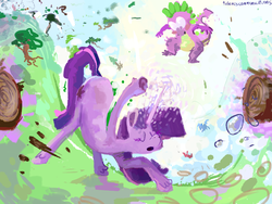 Size: 800x600 | Tagged: safe, artist:doctorpepperphd, spike, twilight sparkle, pony, unicorn, g4, duo, levitation, magic, surreal, telekinesis, unicorn twilight