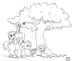 Size: 2283x1916 | Tagged: safe, artist:sharmie, apple bloom, applejack, big macintosh, granny smith, earth pony, pony, g4, apple, apple family, black and white, grayscale, male, monochrome, partial color, pile, stallion, tree