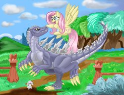 Size: 1024x789 | Tagged: safe, artist:mr-darkblade, angel bunny, fluttershy, kaiju, g4, crossover, godzilla, godzilla (series), godzilla junior, godzillashy