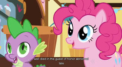 Size: 852x468 | Tagged: safe, screencap, pinkie pie, spike, g4, griffon the brush off, meme, youtube caption