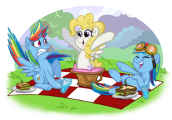 Size: 1024x715 | Tagged: safe, artist:buckingawesomeart, rainbow dash, surprise, g1, g4, basket, drink, duality, food, g1 to g4, generation leap, goggles, picnic, picnic basket, picnic blanket, plate, sandwich, surprised