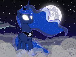 Size: 1501x1123 | Tagged: safe, artist:mintyscratch, princess luna, g4, cloud, cloudy, female, mare in the moon, moon, sky, solo, wallpaper