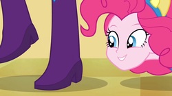 Size: 1280x719 | Tagged: safe, screencap, pinkie pie, rarity, equestria girls, g4, my little pony equestria girls, boots, cute, helping twilight win the crown, high heel boots, legs, pony ears, raised leg, stomping