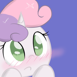 Size: 1920x1920 | Tagged: safe, artist:deathnyan, sweetie belle, pony, unicorn, g4, blue background, blushing, cute, diasweetes, female, filly, foal, simple background, solo