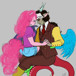 Size: 3300x3300 | Tagged: safe, artist:zabchan, discord, pinkie pie, human, g4, blushing, eared humanization, female, high res, horn, horned humanization, humanized, male, pony coloring, ship:discopie, shipping, straight, tailed humanization, winged humanization