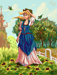 Size: 1500x2000 | Tagged: safe, artist:chocolatesun, applejack, human, g4, female, garden, humanized, solo, windswept mane