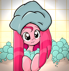 Size: 2576x2648 | Tagged: safe, artist:tivy, pinkie pie, earth pony, pony, g4, bath, bubble, cute, cuteamena, diapinkes, female, heart eyes, looking at you, pinkamena diane pie, rock, solo, towel on head, wingding eyes