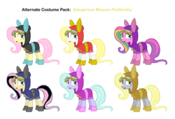 Size: 1024x698 | Tagged: safe, artist:pika-robo, artist:zvn, banner mares, crescendo, derpy hooves, flitter, fluttershy, ploomette, pegasus, pony, g4, alternate clothes, bunny ears, bunnyshy, clothes, dangerous mission outfit, emoshy, female, hoodie, mare, recolor, simple background, transparent background