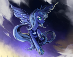 Size: 800x625 | Tagged: safe, artist:deyamiro, princess luna, g4, cloud, cloudy, female, flying, s1 luna, solo