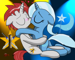 Size: 999x799 | Tagged: safe, artist:doom-tanker, trixie, oc, pony, unicorn, g4, blushing, canon x oc, duo, female, hug, kiss on the lips, kissing, male, shipping, straight