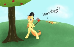 Size: 1000x631 | Tagged: safe, artist:xephire, applejack, bloomberg, oc, earth pony, pony, g4, axe, bad apples, bipedal, bondage, evil twin, goatee, hat, top hat, weapon