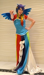 Size: 2760x4664 | Tagged: safe, artist:rougeleaderred, rainbow dash, human, g4, clothes, cosplay, dress, ears, element of loyalty, gala dress, irl, irl human, necklace, photo, solo, wings