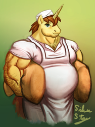 Size: 900x1200 | Tagged: safe, artist:silver-stag, donut joe, unicorn, anthro, g4, fetish, male, muscle fetish, musclegut, muscles, muscular male, solo, stout, strong fat