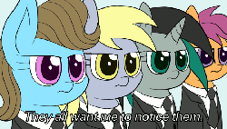 Size: 700x400 | Tagged: safe, artist:scramjet747, beauty brass, derpy hooves, scootaloo, oc, pegasus, pony, g4, animated, clothes, female, mare, suit, underp
