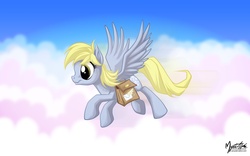 Size: 2560x1600 | Tagged: safe, artist:mysticalpha, derpy hooves, pegasus, pony, g4, female, flying, mailbag, mailmare, mailpony, mare, solo, wallpaper