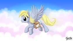 Size: 2560x1440 | Tagged: safe, artist:mysticalpha, derpy hooves, pegasus, pony, g4, female, flying, mare, solo, wallpaper