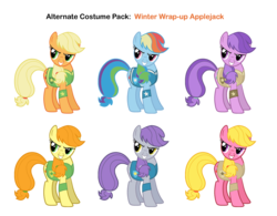 Size: 2806x2184 | Tagged: safe, artist:pika-robo, amethyst star, applejack, carrot top, cherry berry, flutter doo, golden harvest, rainbow dash, sparkler, earth pony, pony, g4, winter wrap up, alternate clothes, animal team, background pony, clothes, female, mare, palette swap, plant team, recolor, simple background, transparent background, vest, weather team, winter wrap up vest