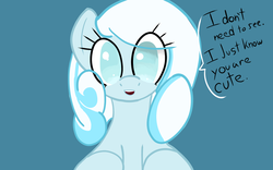 Size: 1024x640 | Tagged: safe, artist:acharmingpony, oc, oc only, oc:snowdrop, pegasus, pony, blind, blue background, bronybait, eye clipping through hair, female, female oc, filly, filly oc, foal, pegasus oc, simple background, solo